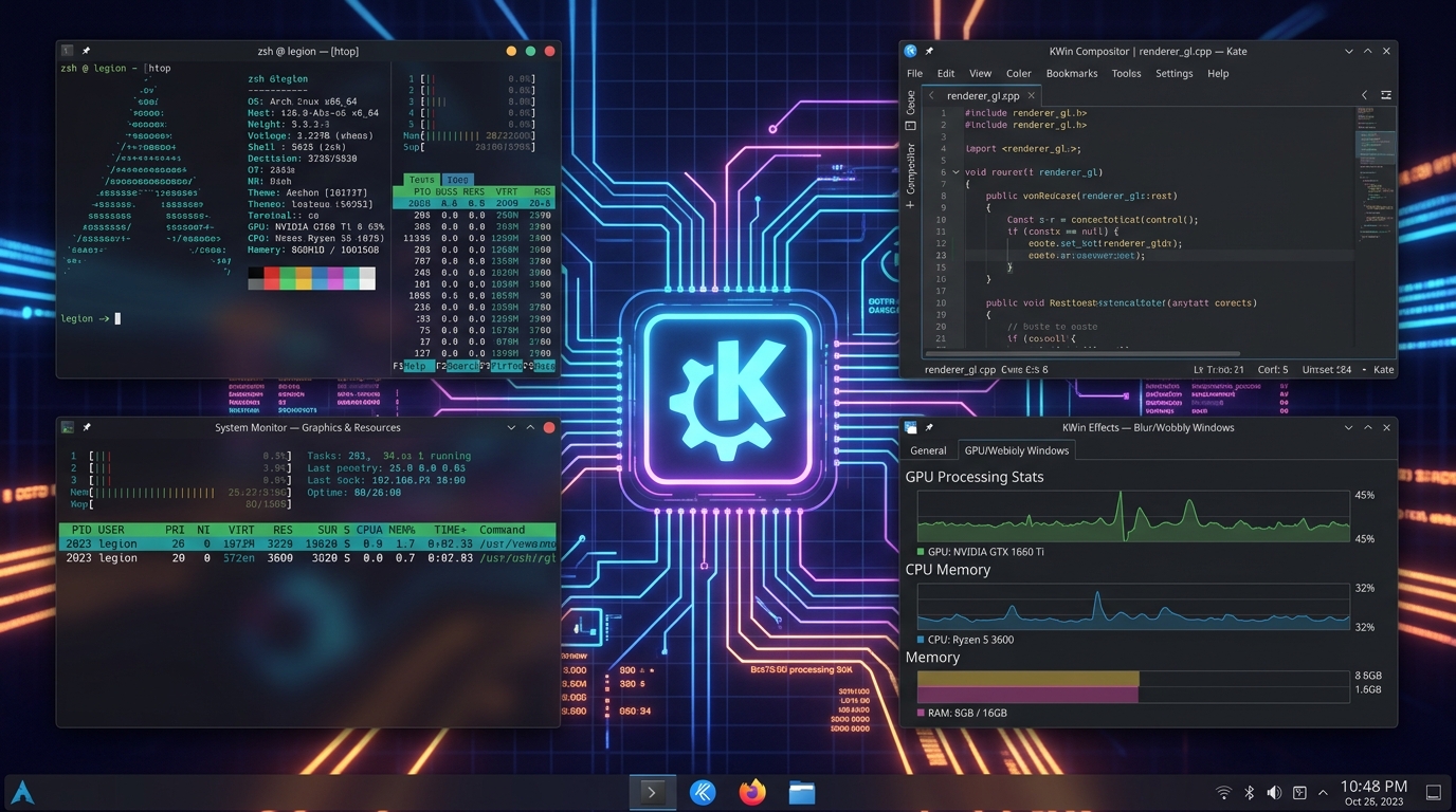 Simulación del compositor gráfico de KWin renderizando ventanas