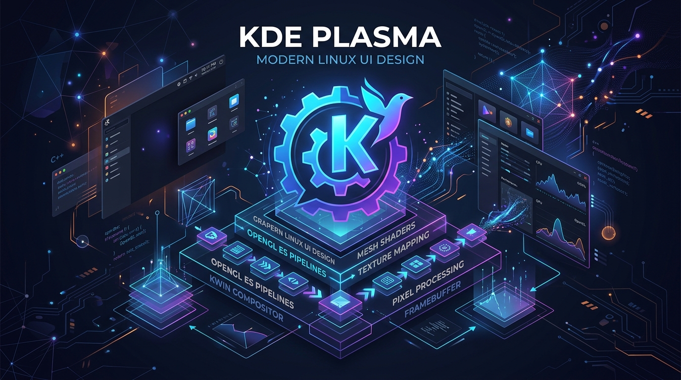 Ilustración conceptual de KDE Plasma con pipelines gráficos de OpenGL ES